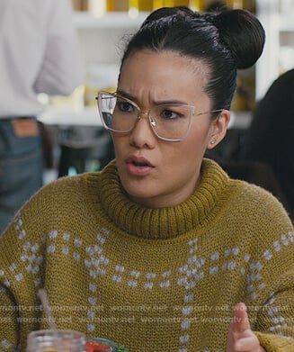 Doris's mustard check sweater on American Housewife