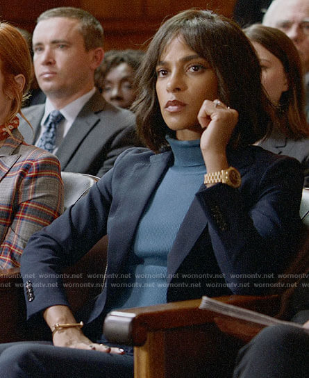 Edie's navy suit on Almost Family