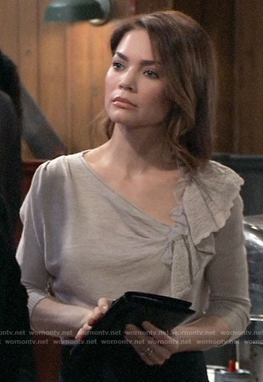 Elizabeth's beige sweater with ruffle on General Hospital