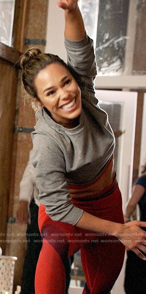 Emily's red striped leggings and sports bra on All Rise