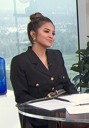 Erin's black blazer with gold buttons on E! News Daily Pop