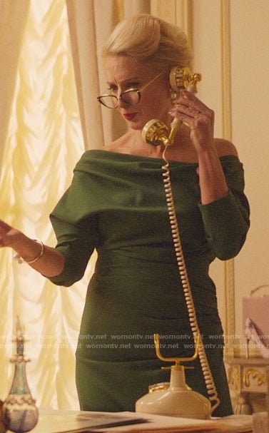Gloria's green off shoulder dress on Katy Keene