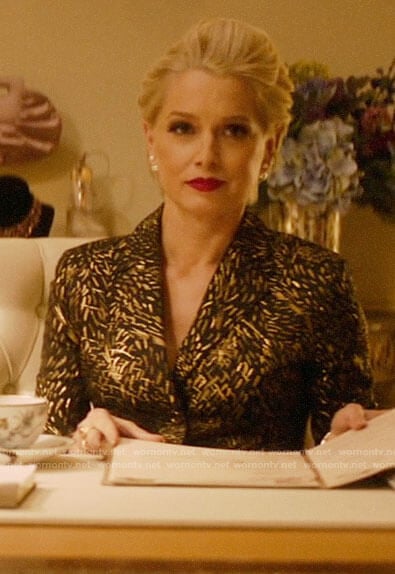 Gloria's gold fireworks print jacket on Katy Keene