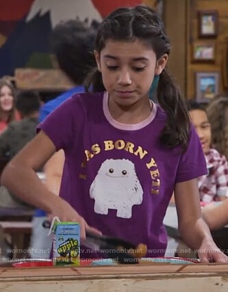 Gwen's purple Yetti print tee on Bunkd