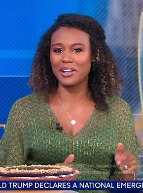 Janai's green metallic zig-zag stripe dress on Good Morning America