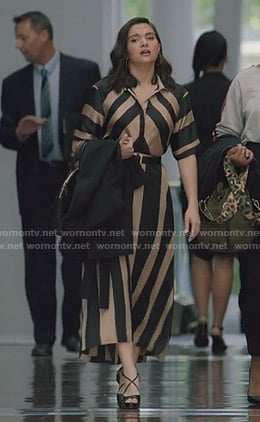 Jane's beige and black striped shirtdress on The Bold Type