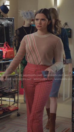 Jane's red floral pants on The Bold Type