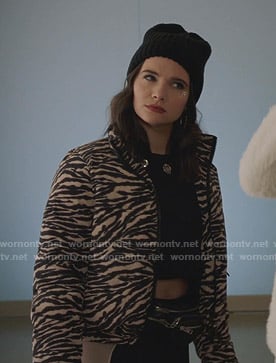 Jane's beige zebra puffer jacket on The Bold Type