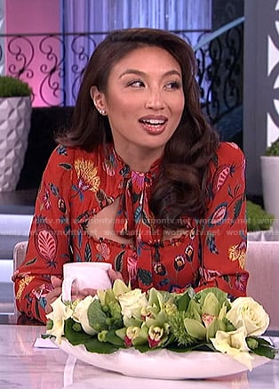 Jeannie's red floral tie neck jumpsuit on The Real