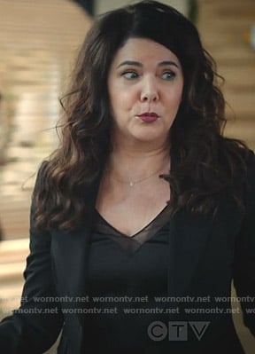 Joan's black mesh inset top on Zoeys Extraordinary Playlist