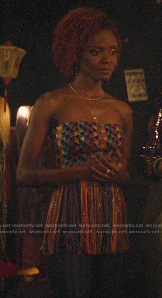 Josie's geometric strapless fringe top on Katy Keene