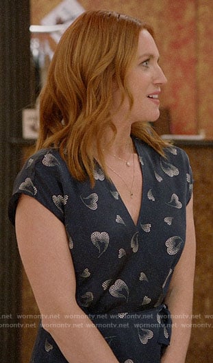 Julia's navy heart print dress on Almost Family