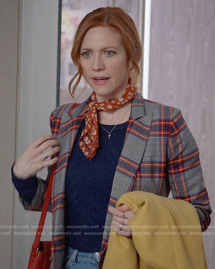 Julia's plaid blazer, navy sweater and daisy print scarf on Almost Family