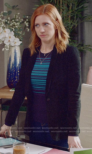 Julia's turquoise and purple striped sweater on Almost Family