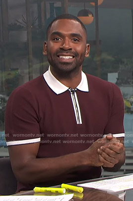 Justin's burgundy contrast trim polo shirt on E! News Daily Pop