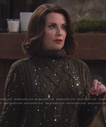 Karen's green embellished cable knit sweater on Will and Grace