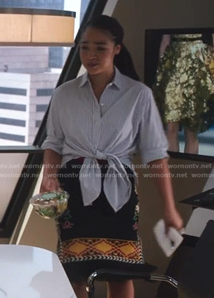 Kat's black embroidered fringed skirt on The Bold Type