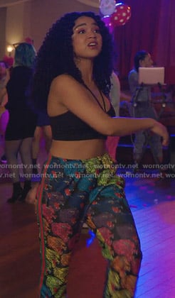 Kat's rainbow tiger print pants on The Bold Type