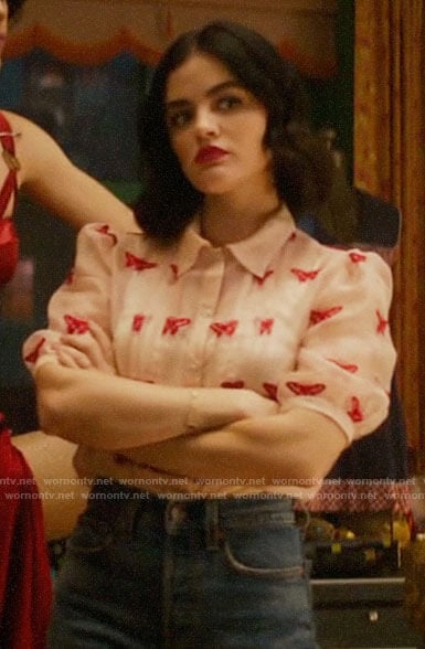 Katy's butterfly embroidered top on Katy Keene