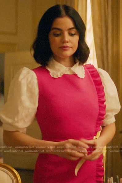 Katy's pink side ruffle dress on Katy Keene