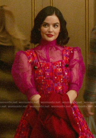 Katy's pink textured pinafore dress and sheer top on Katy Keene