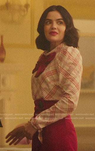 Katy's red plaid puff sleeve top on Katy Keene