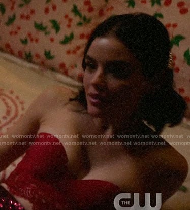 Katy's red strapless lace trim bra on Katy Keene