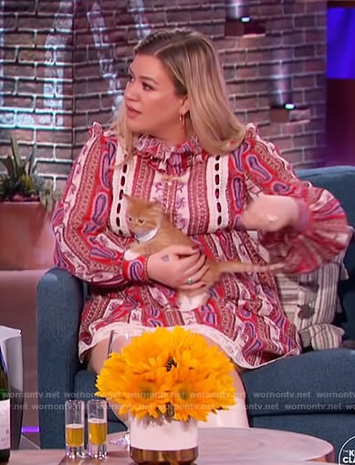Kelly's red paisley lace trim dress on The Kelly Clarkson Show