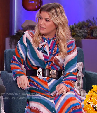 Kelly's stripe blouse and skirt on The Kelly Clarkson Show