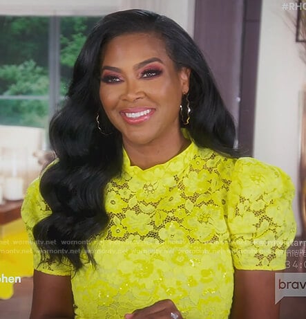 Kenya's yellow lace shift dress on The Real Housewives of Atlanta