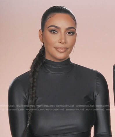 Kim's black leather turtleneck bodysuit on Keeping Up with the Kardashians