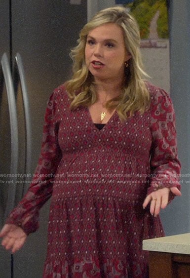 Kristin's burgundy mixed print long sleeve dress on Last Man Standing