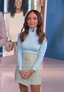 Lilliana's blue ribbed turtleneck top and belted mini skirt on E! News
