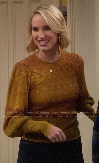 Mandy's golden yellow puff sleeve sweater on Last Man Standing