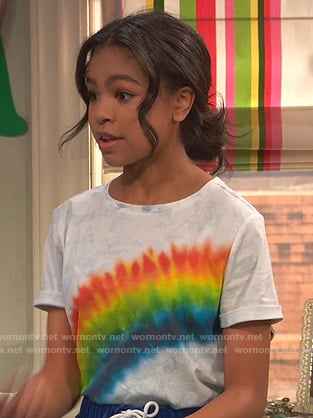 Nia's rainbow tie dye tee on Ravens Home