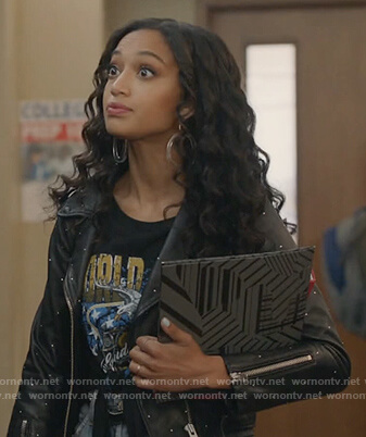 Olivia's black studded moto jacket on All American