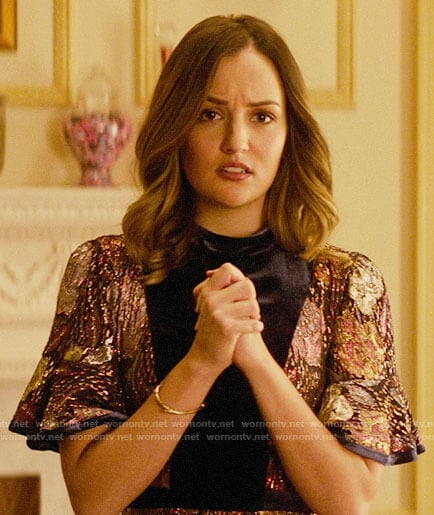 Patricia's metallic dress with velvet panel on Katy Keene