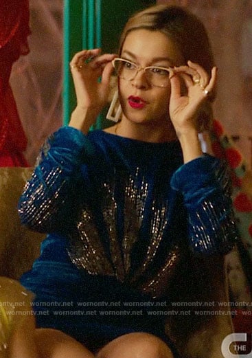 Pepper's blue embellished velvet dress on Katy Keene