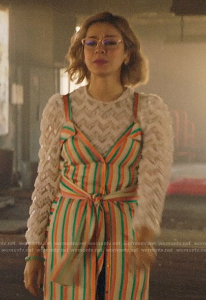 Pepper's white sequin top and striped dress on Katy Keene