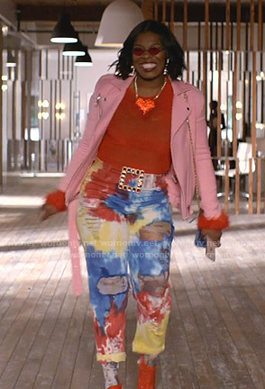 Porsha's red feather trim top and tie-dye distressed jeans on Empire