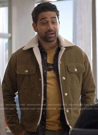 Rakesh's corduroy and sherpa jacket on God Friended Me