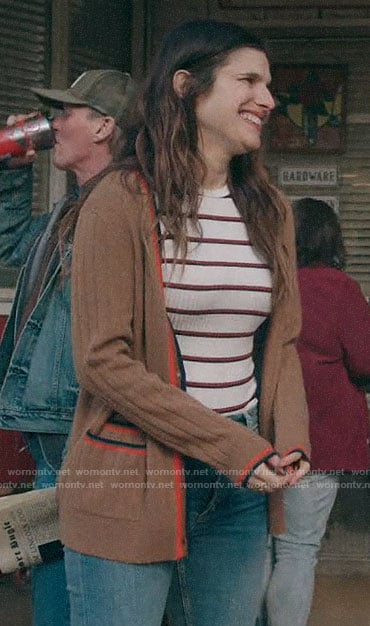 Rio's striped top and tan cardigan on Bless This Mess