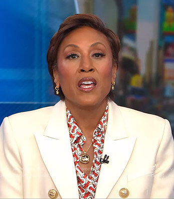 Robin's print blouse and white blazer on Good Morning America