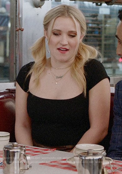 Roxy's black square neck top on Almost Family