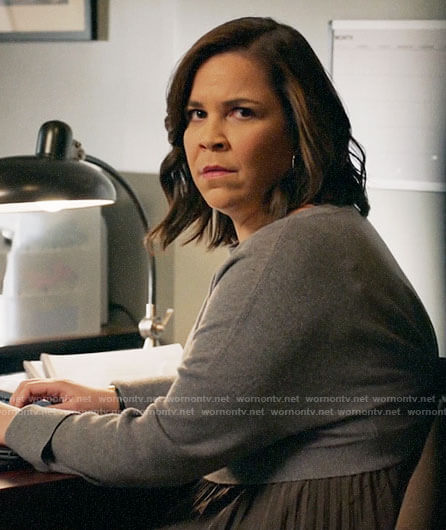Sara's grey sweater and pleated dress on All Rise
