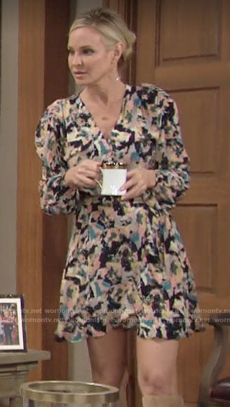 Sharon's abstract print long sleeve wrap dress on The Young and the Restless