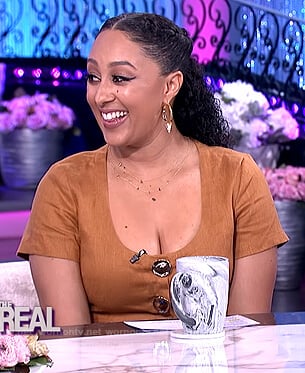 Tamera's brown button top and skirt on The Real
