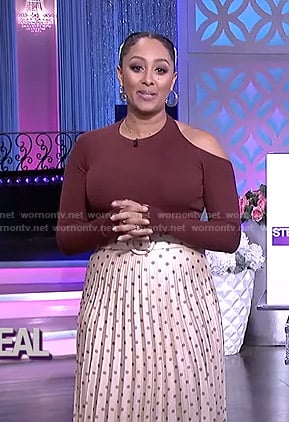 Tamera's burgundy cutout top and polka dot skirt on The Real