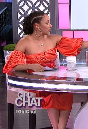 Tamera's red off-shoulder puff sleeve dress on The Real