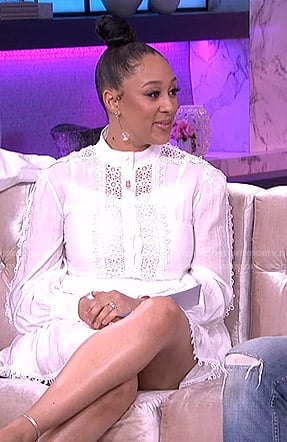 Tamera's white crochet trim dress on The Real